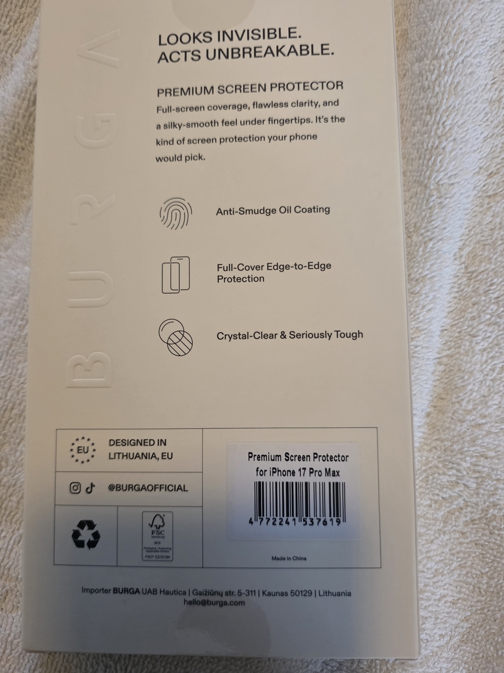BURGA Clear Premium Screen Protector for iPhone 17 Pro Max - Transparent
